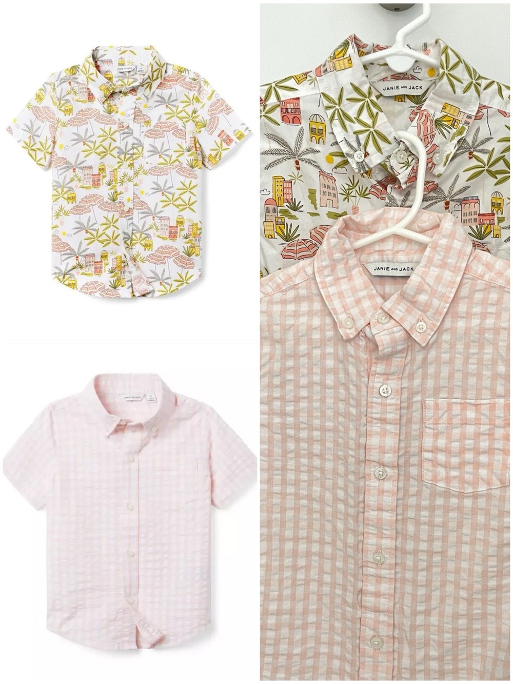 2! Janie & Jack Short Sleeve Poplin Shirts Tropical Beach Gingham Seersucker. 1